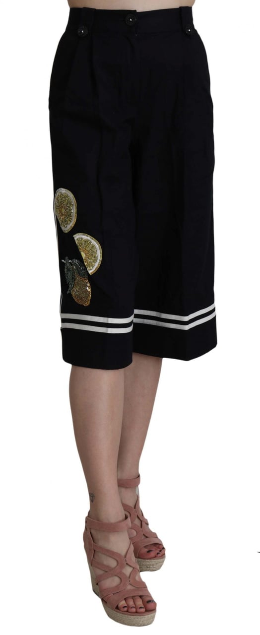 Dolce & Gabbana Black Cotton Cropped Embellished Pants Zwart