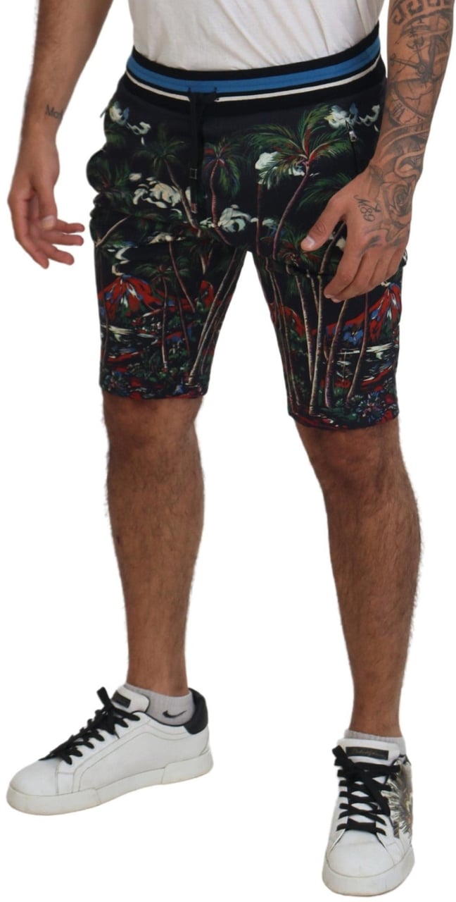 Dolce & Gabbana Black Cotton Volcano Print Casual Shorts Zwart