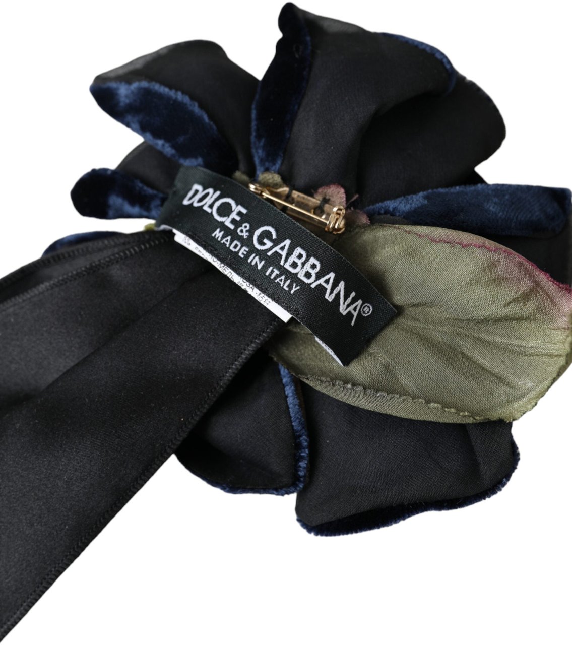 Dolce & Gabbana Black Silk Gold Brass Floral Hair Pin Brooch Zwart