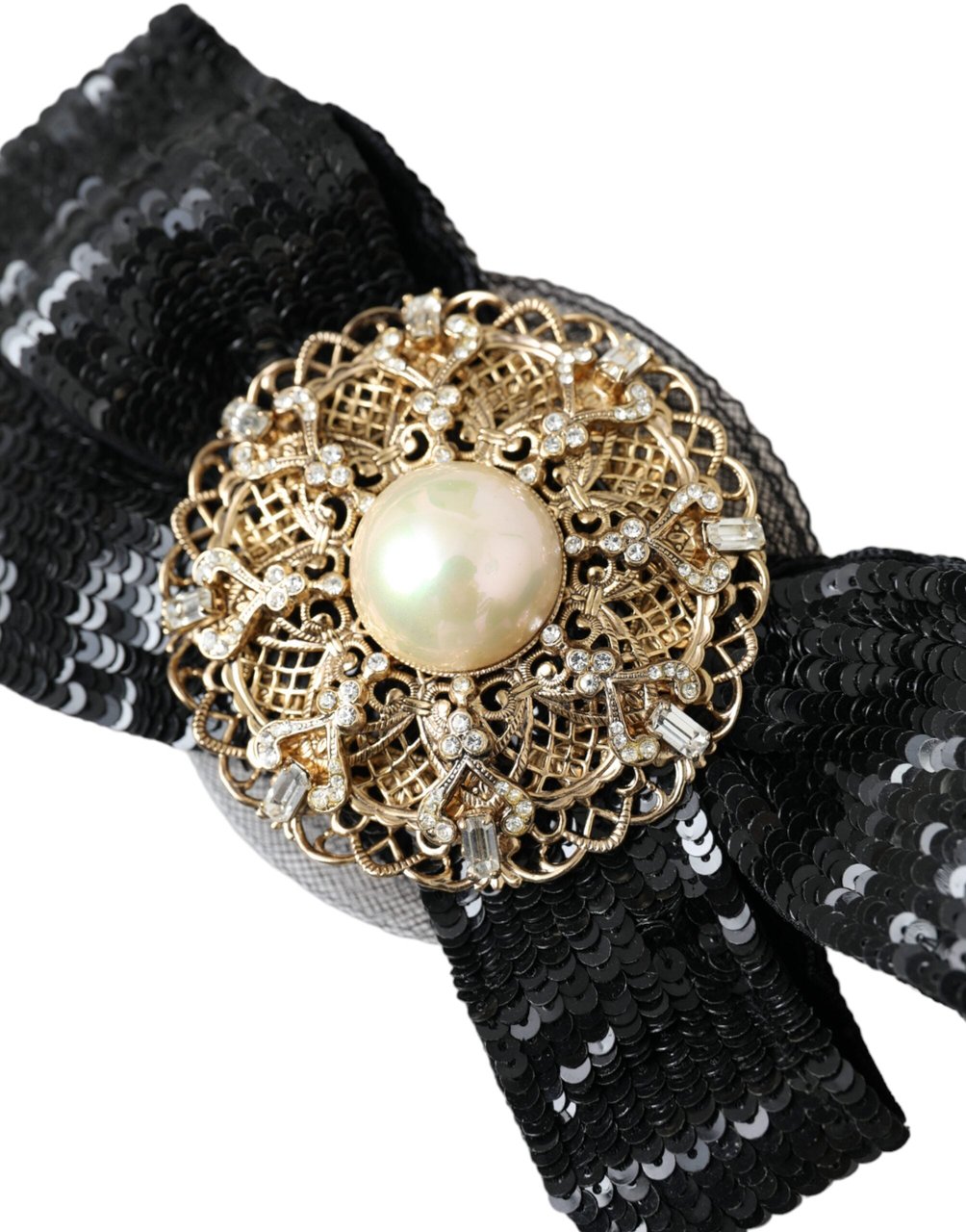 Dolce & Gabbana Black Sequin Pearl Handmade Brooch Hair Pin Zwart