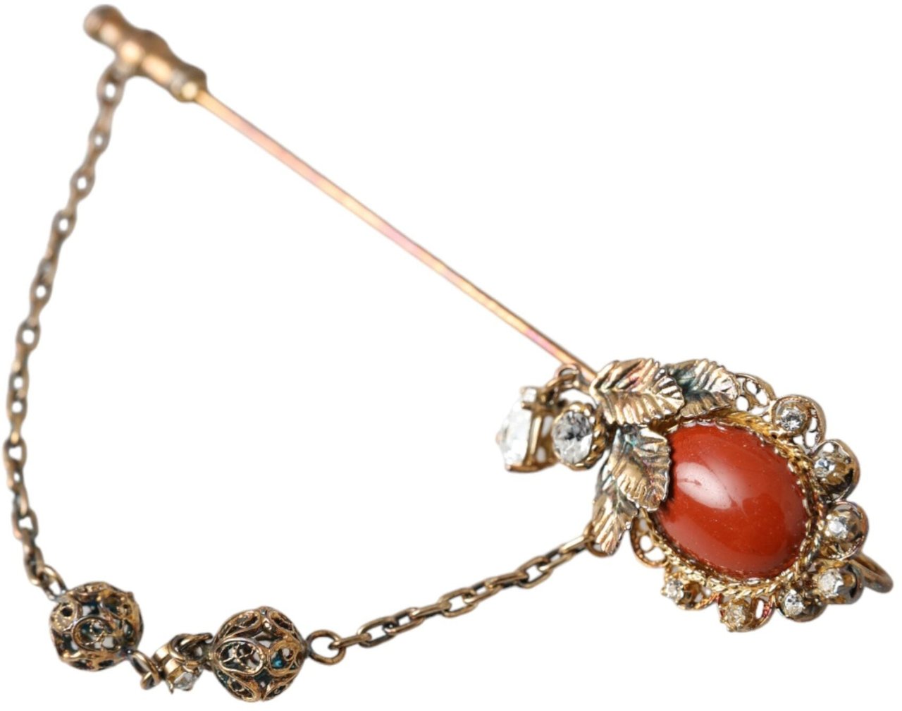 Dolce & Gabbana Gold Brass Crystal Chain 925 Sterling Silver Pin Brooch Zilver