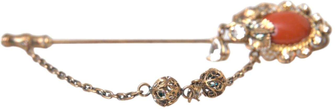 Dolce & Gabbana Gold Brass Crystal Chain 925 Sterling Silver Pin Brooch Zilver