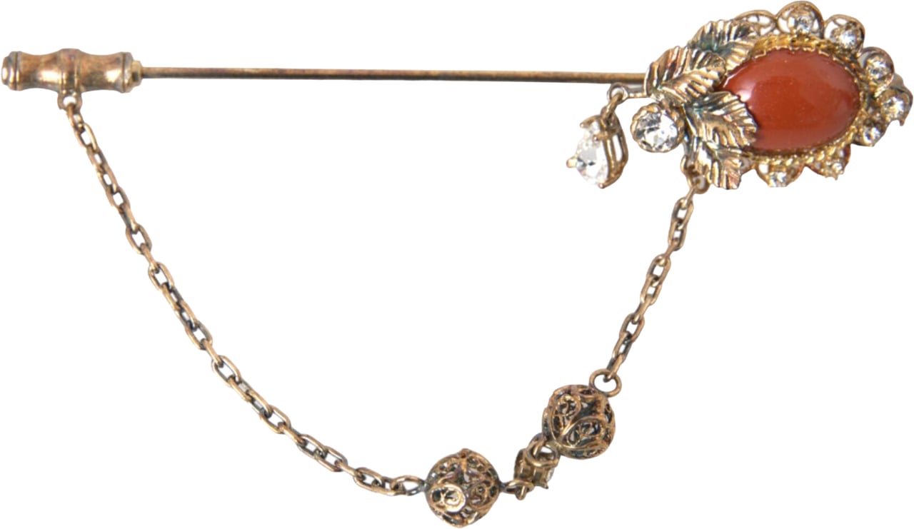 Dolce & Gabbana Gold Brass Crystal Chain 925 Sterling Silver Pin Brooch Zilver