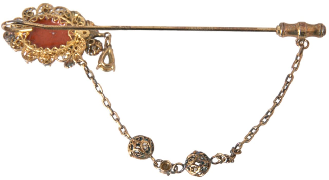Dolce & Gabbana Gold Brass Crystal Chain 925 Sterling Silver Pin Brooch Zilver