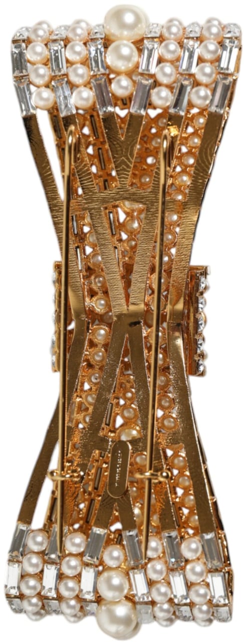 Dolce & Gabbana Gold Tone Brass Bow Crystal FauxPearl Embellished Brooch Goud