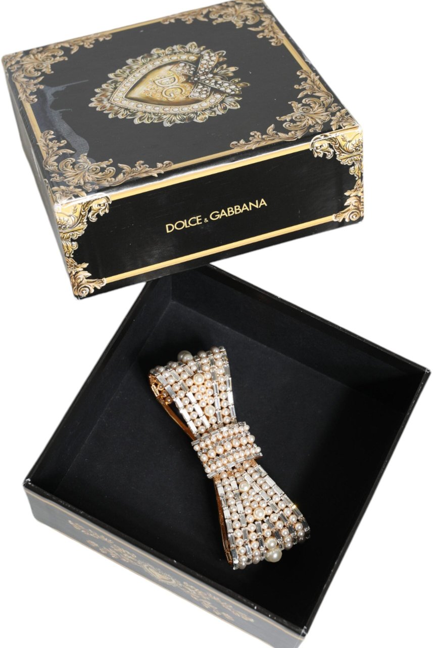 Dolce & Gabbana Gold Tone Brass Bow Crystal FauxPearl Embellished Brooch Goud