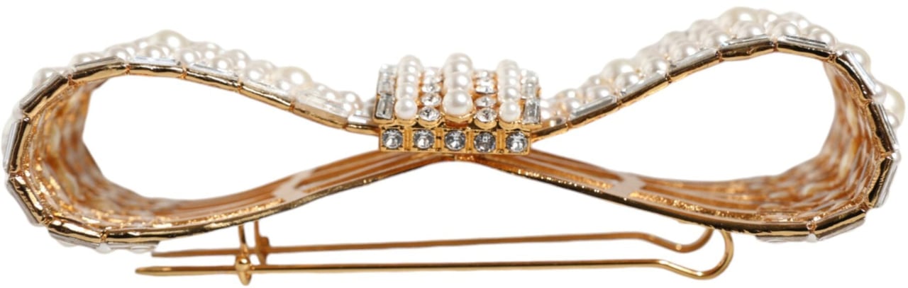 Dolce & Gabbana Gold Tone Brass Bow Crystal FauxPearl Embellished Brooch Goud