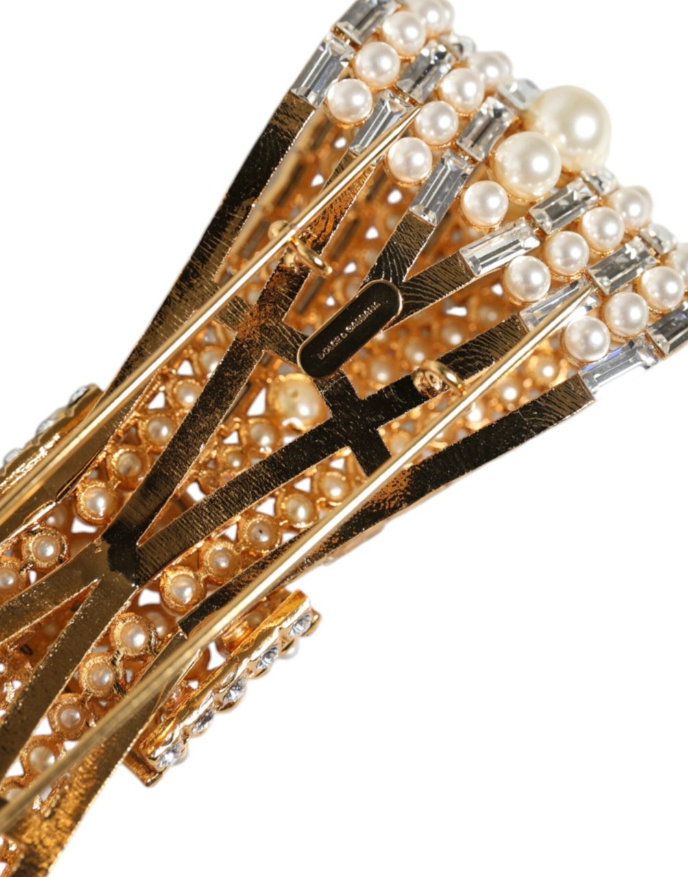 Dolce & Gabbana Gold Tone Brass Bow Crystal FauxPearl Embellished Brooch Goud