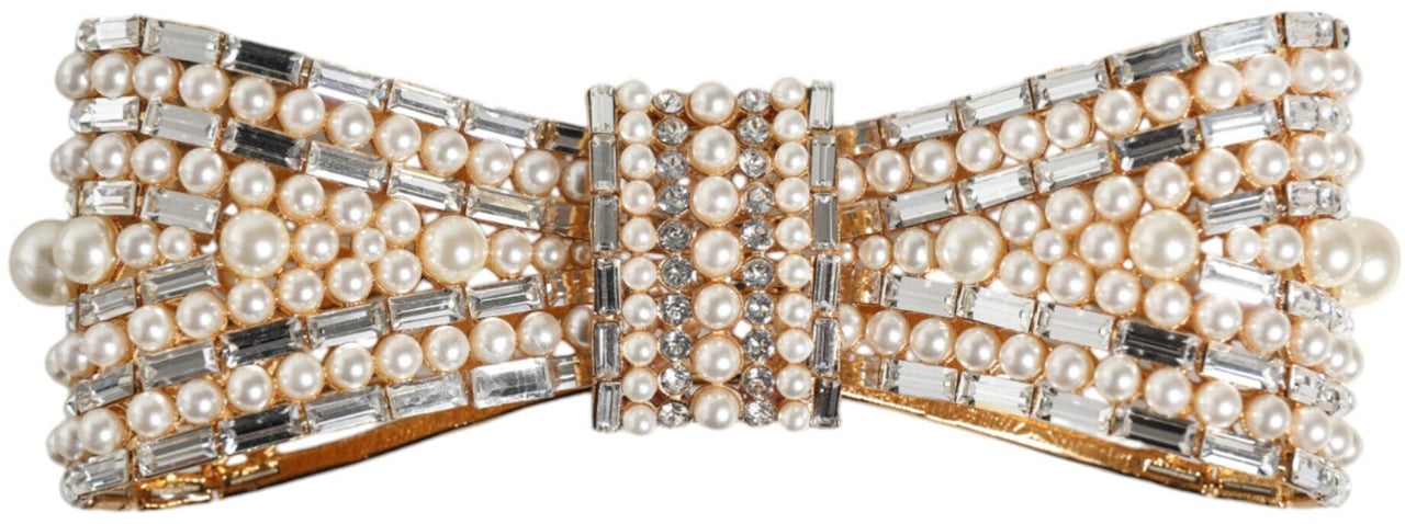 Dolce & Gabbana Gold Tone Brass Bow Crystal FauxPearl Embellished Brooch Goud
