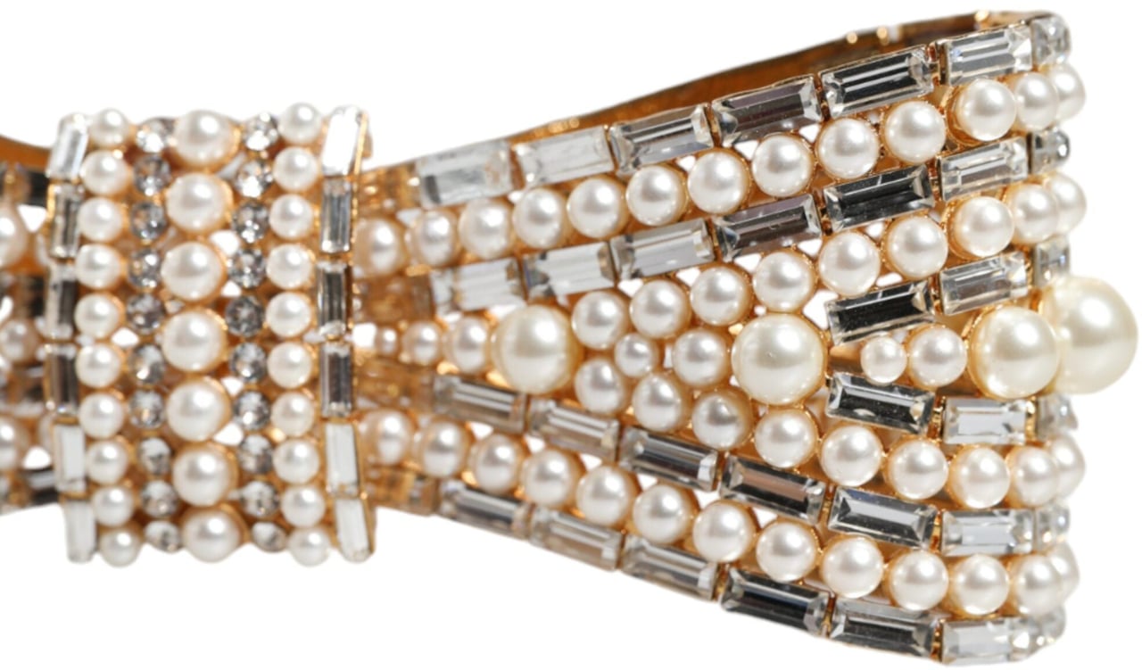 Dolce & Gabbana Gold Tone Brass Bow Crystal FauxPearl Embellished Brooch Goud