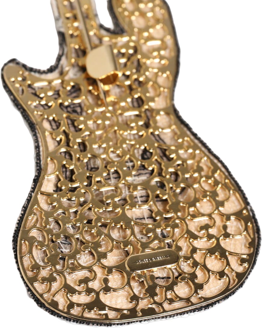 Dolce & Gabbana Gold Brass Logo Beaded Guitar Pin Brooch Goud