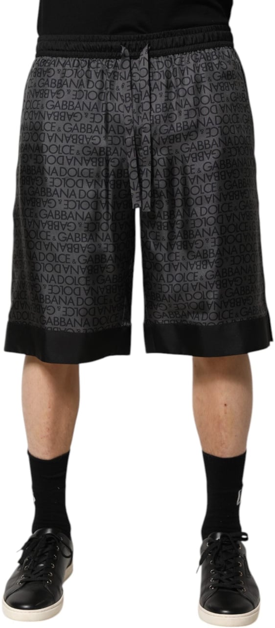Dolce & Gabbana Gray Black Silk DG Logo Men Bermuda Shorts Zwart