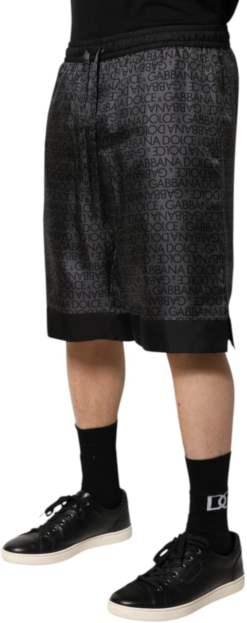 Dolce & Gabbana Gray Black Silk DG Logo Men Bermuda Shorts Zwart