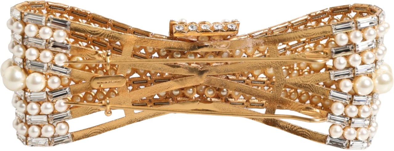Dolce & Gabbana Gold Brass Glas Crystal Faux Pearl Embellished Brooch Goud