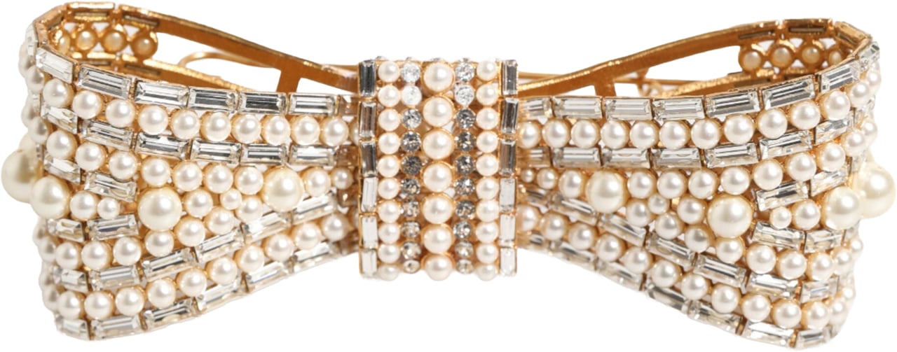 Dolce & Gabbana Gold Brass Glas Crystal Faux Pearl Embellished Brooch Goud
