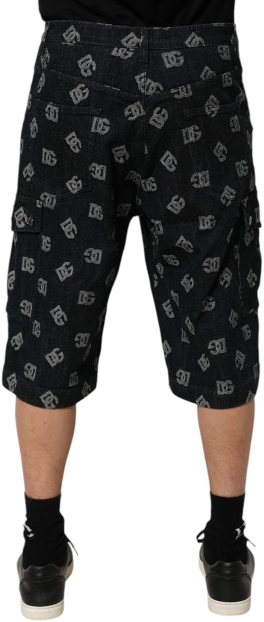 Dolce & Gabbana Black Monogram Denim Cargo Men Bermuda Short Zwart