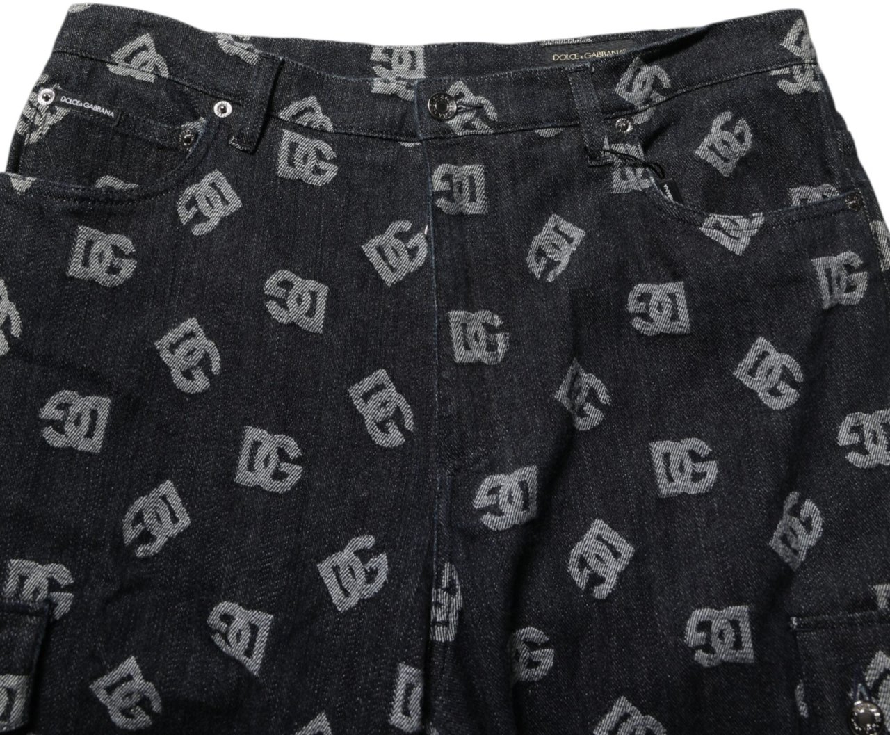 Dolce & Gabbana Black Monogram Denim Cargo Men Bermuda Short Zwart