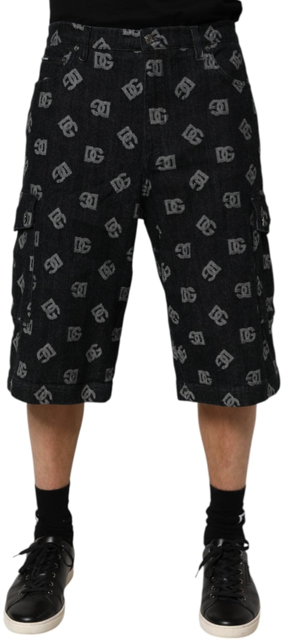Dolce & Gabbana Black Monogram Denim Cargo Men Bermuda Short Zwart