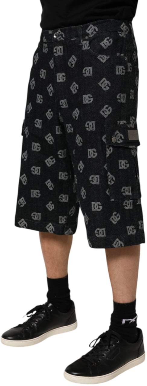Dolce & Gabbana Black Monogram Denim Cargo Men Bermuda Short Zwart