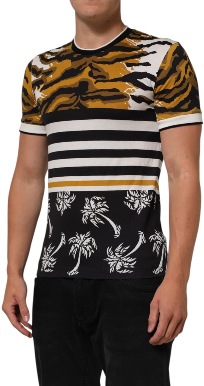 Dolce & Gabbana Multicolor Leopard Palm Leaf Men Crew Neck T-shirt Divers