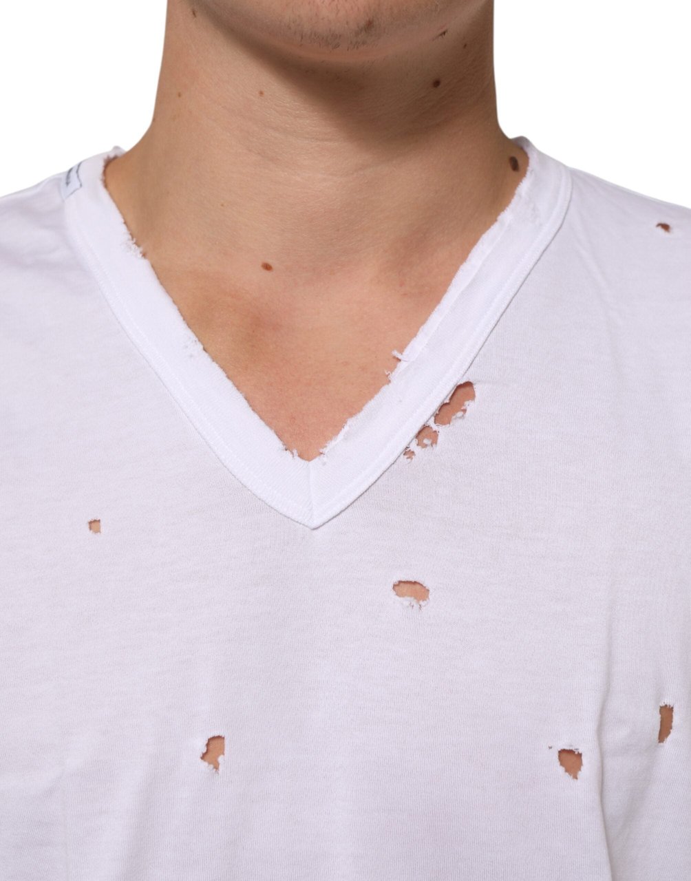 Dolce & Gabbana White Distressed Cotton V Neck Men T-shirt Wit