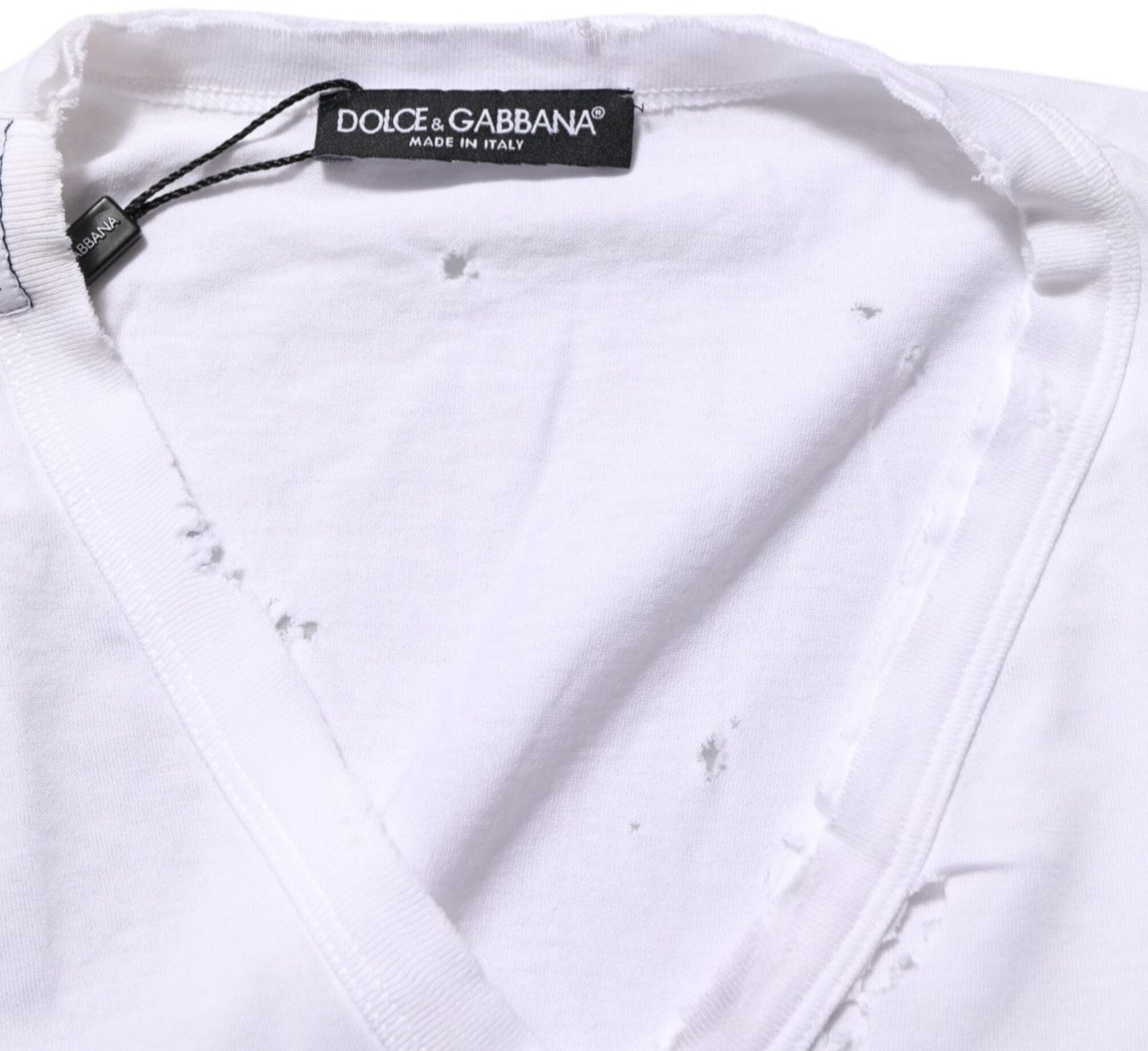 Dolce & Gabbana White Distressed Cotton V Neck Men T-shirt Wit