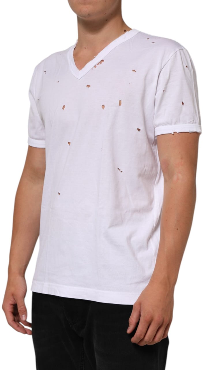 Dolce & Gabbana White Distressed Cotton V Neck Men T-shirt Wit