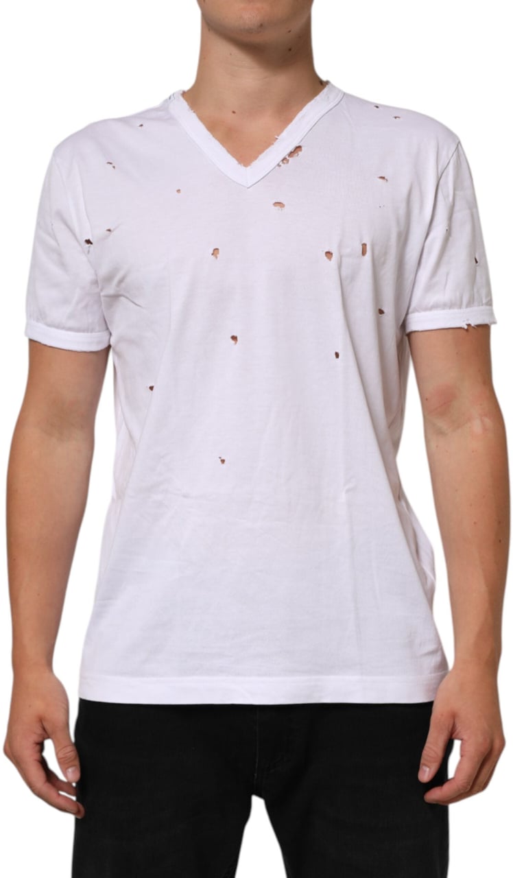 Dolce & Gabbana White Distressed Cotton V Neck Men T-shirt Wit