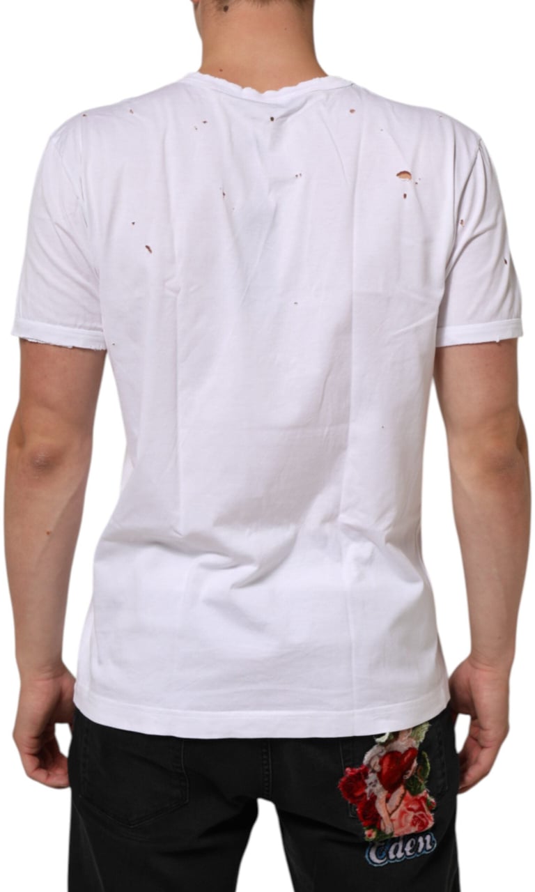 Dolce & Gabbana White Distressed Cotton V Neck Men T-shirt Wit