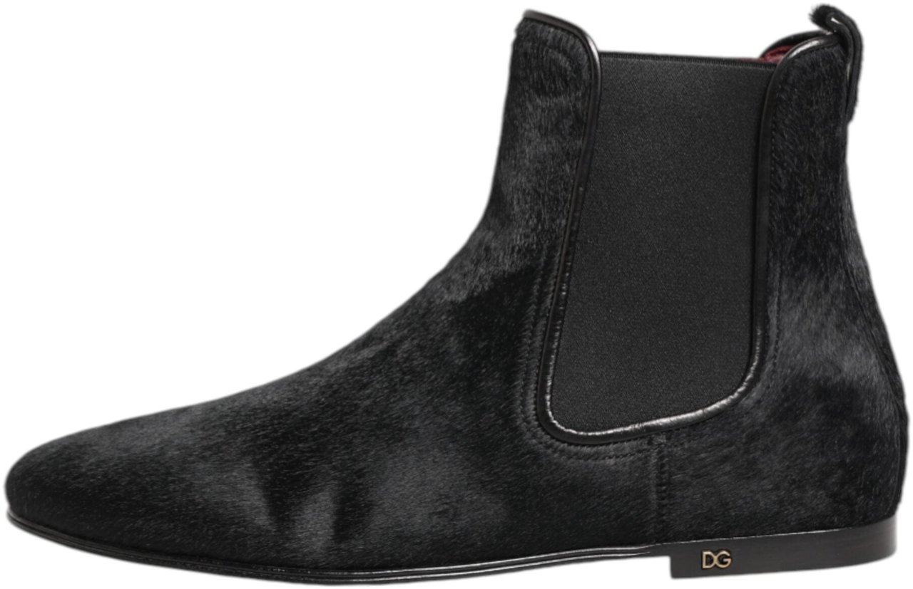 Dolce & Gabbana Black Leather Fur Men CHELSEA Boots Shoes Zwart