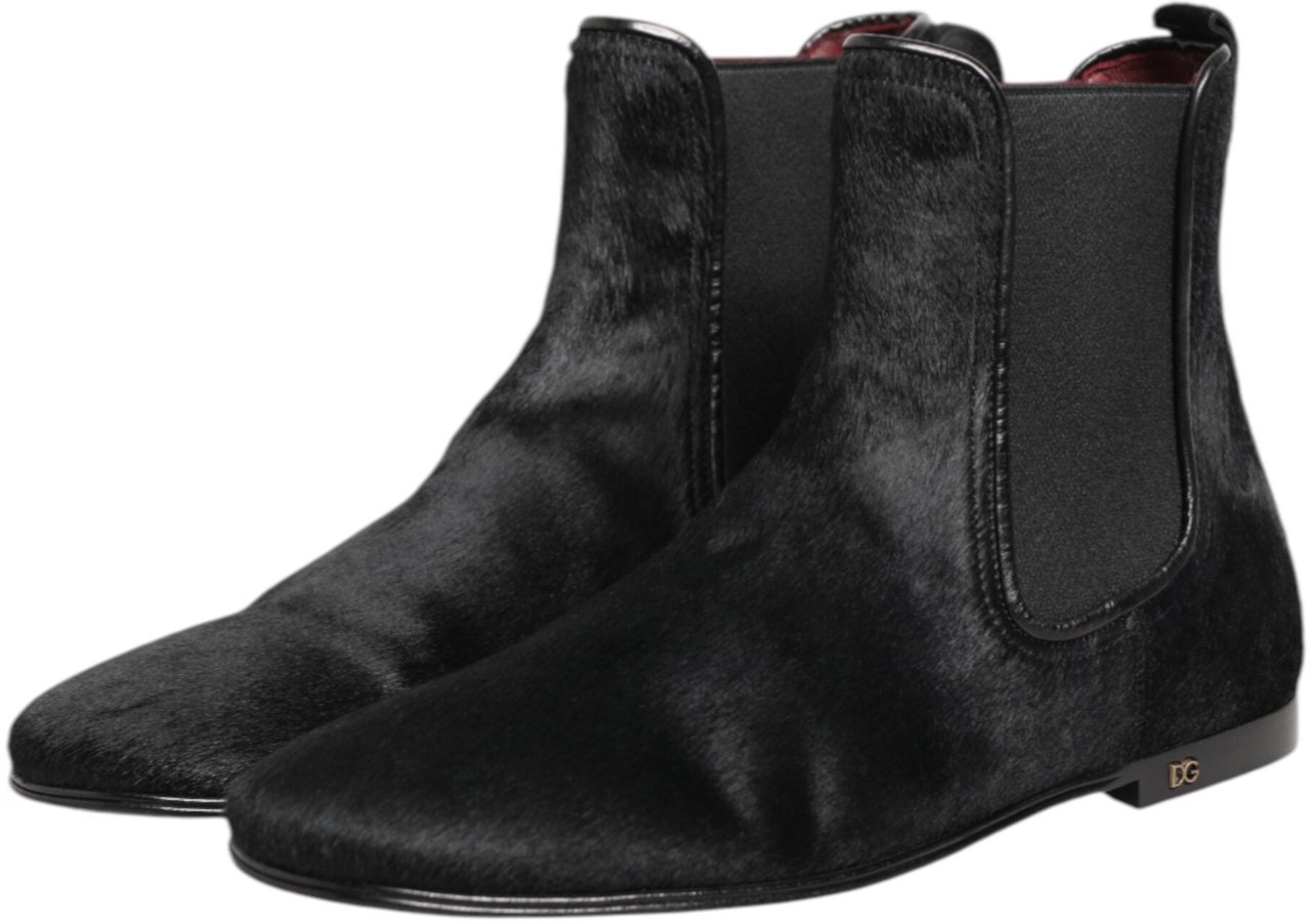 Dolce & Gabbana Black Leather Fur Men CHELSEA Boots Shoes Zwart
