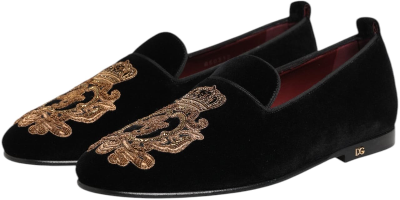 Dolce & Gabbana Black Velvet Gold Crown Mens Loafers Shoes Zwart