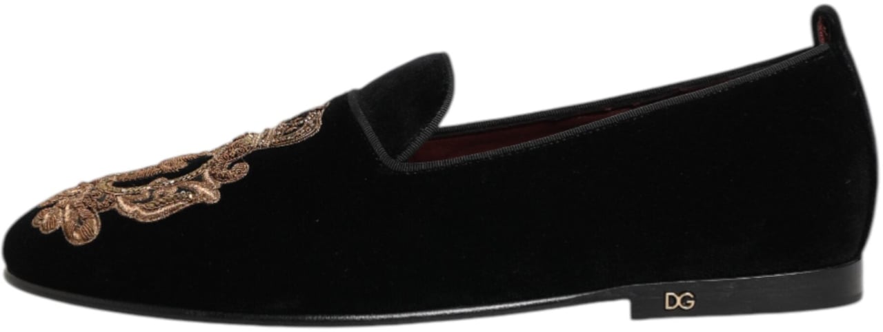 Dolce & Gabbana Black Velvet Gold Crown Mens Loafers Shoes Zwart