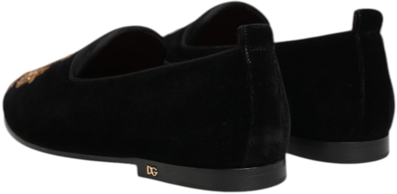 Dolce & Gabbana Black Velvet Gold Crown Mens Loafers Shoes Zwart