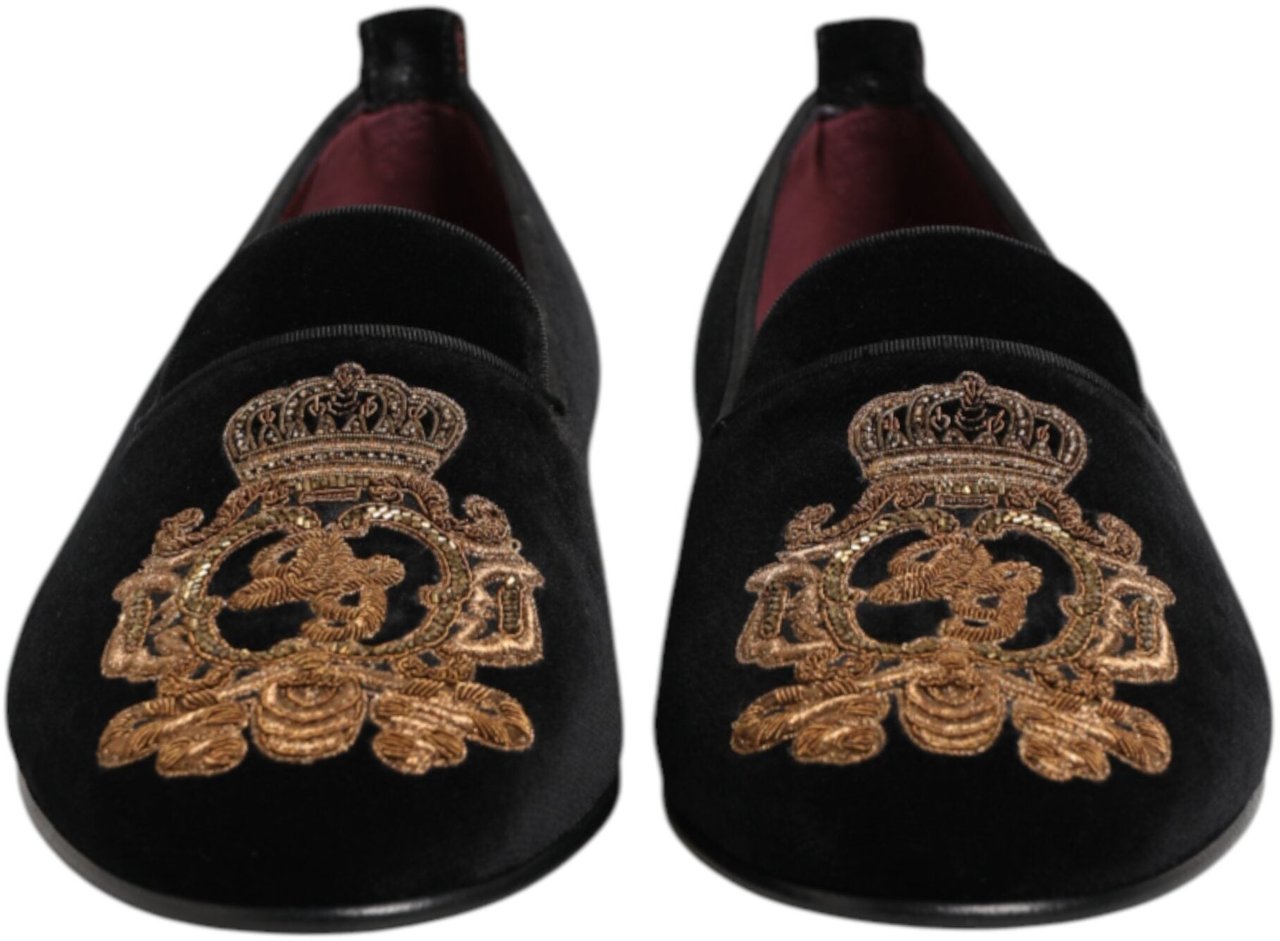 Dolce & Gabbana Black Velvet Gold Crown Mens Loafers Shoes Zwart