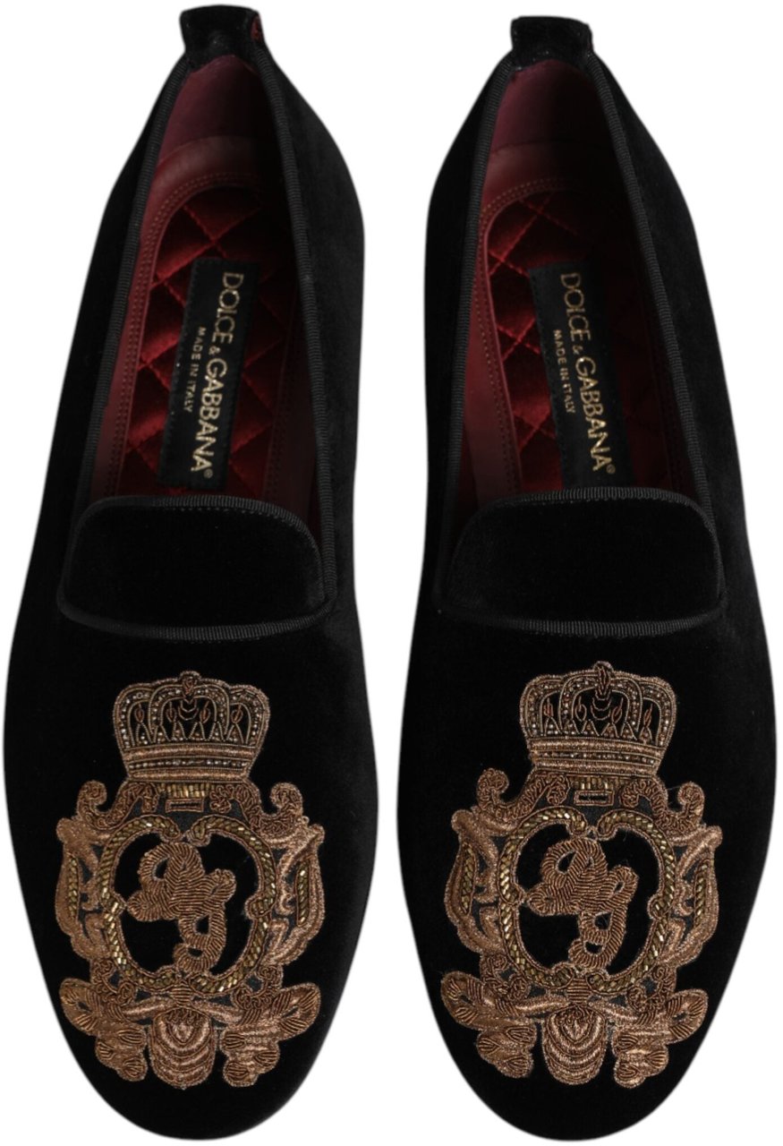 Dolce & Gabbana Black Velvet Gold Crown Mens Loafers Shoes Zwart