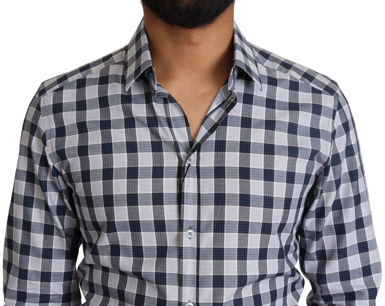 Dolce & Gabbana Blue White Check Cotton Slim Fit GOLD Shirt Blauw
