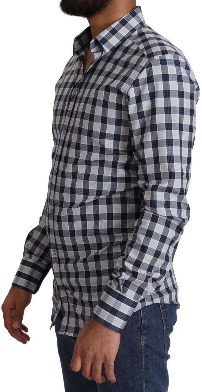 Dolce & Gabbana Blue White Check Cotton Slim Fit GOLD Shirt Blauw