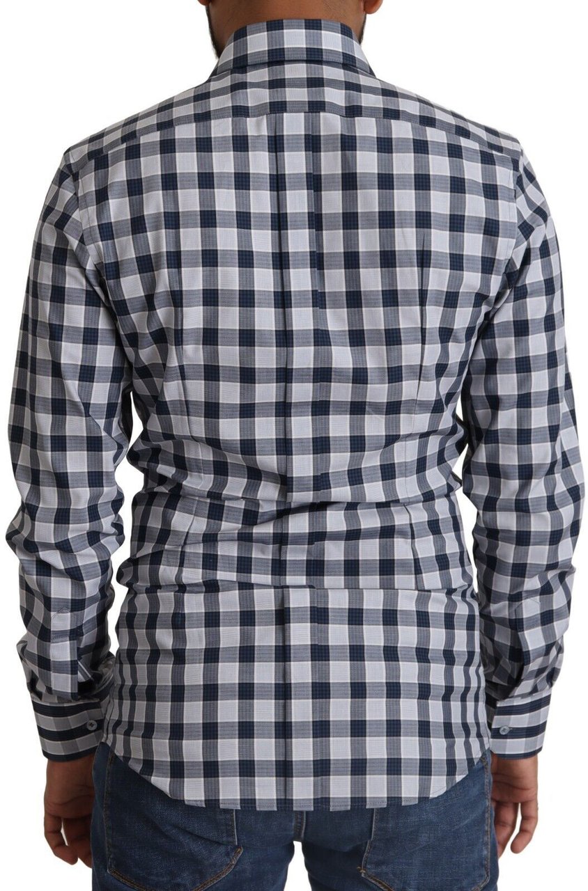 Dolce & Gabbana Blue White Check Cotton Slim Fit GOLD Shirt Blauw