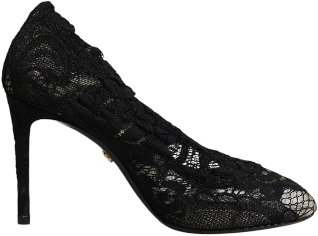 Dolce & Gabbana Black Lace Stretch Heels Mid Calf Boots Shoes Zwart