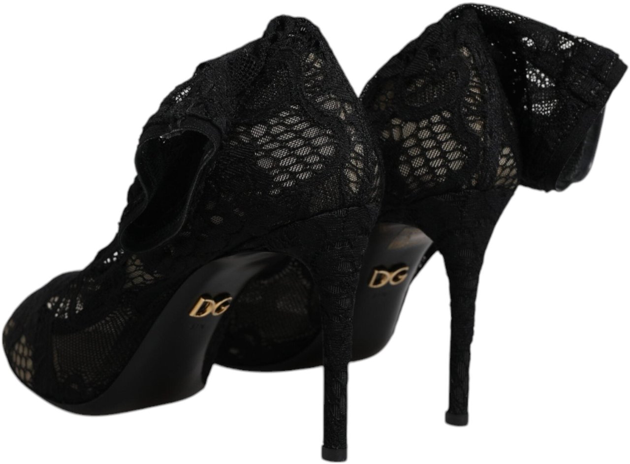 Dolce & Gabbana Black Lace Stretch Heels Mid Calf Boots Shoes Zwart