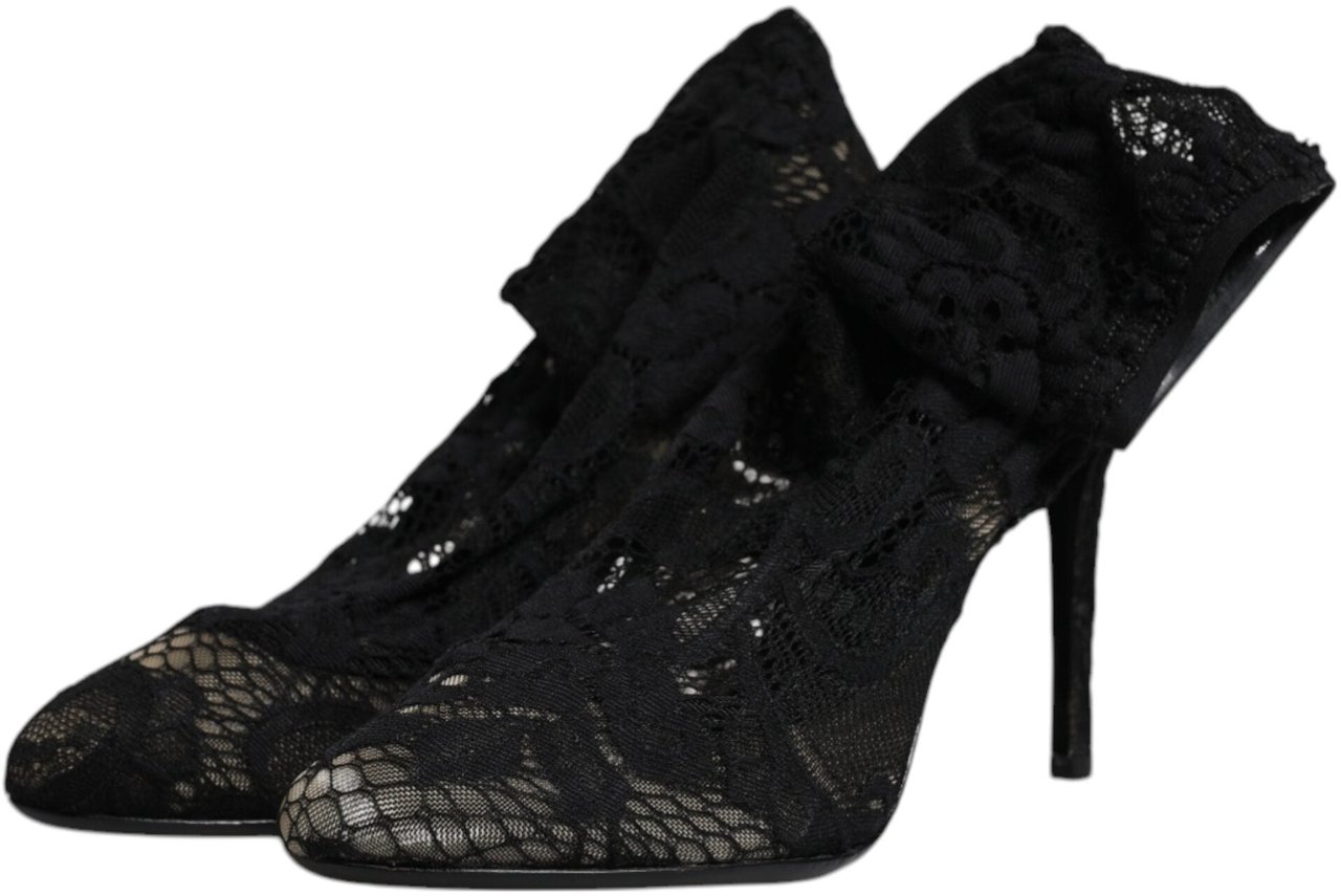 Dolce & Gabbana Black Lace Stretch Heels Mid Calf Boots Shoes Zwart