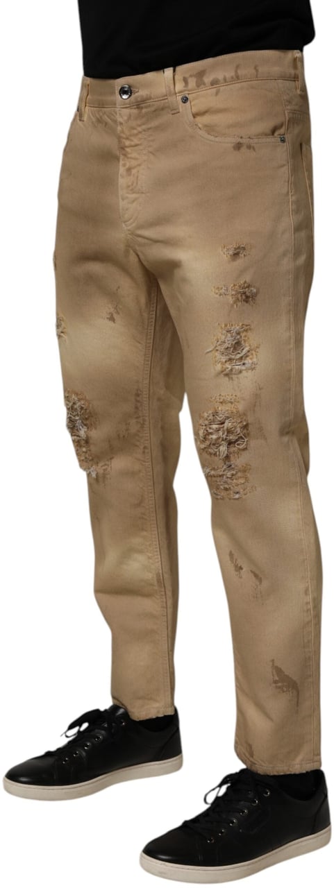 Dolce & Gabbana Beige Cotton Loose Tattered Men Denim Jeans Beige