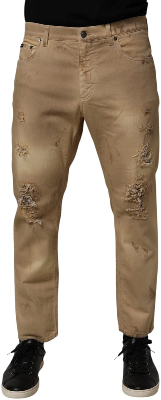 Dolce & Gabbana Beige Cotton Loose Tattered Men Denim Jeans Beige
