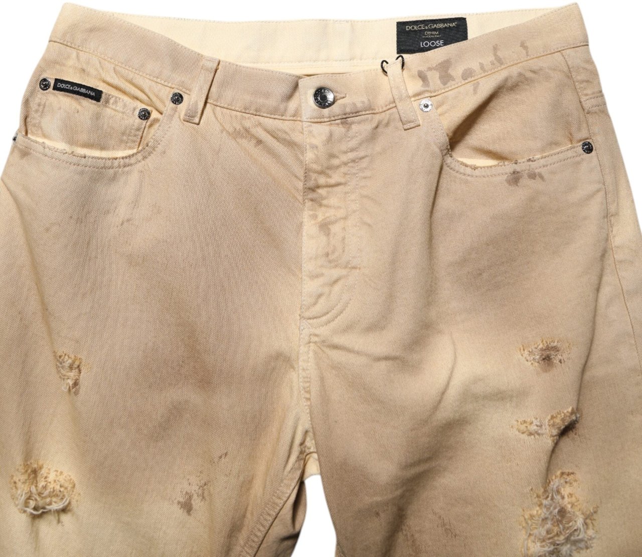 Dolce & Gabbana Beige Cotton Loose Tattered Men Denim Jeans Beige