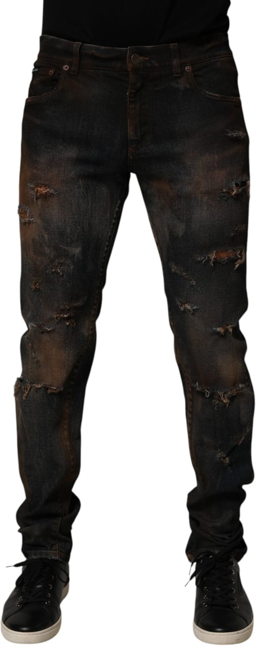 Dolce & Gabbana Black Cotton Skinny Tattered Men Denim Jeans Zwart