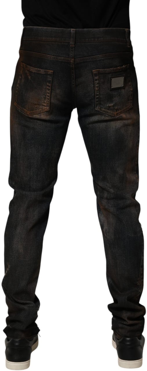 Dolce & Gabbana Black Cotton Skinny Tattered Men Denim Jeans Zwart