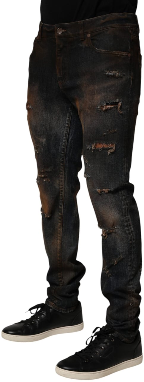 Dolce & Gabbana Black Cotton Skinny Tattered Men Denim Jeans Zwart