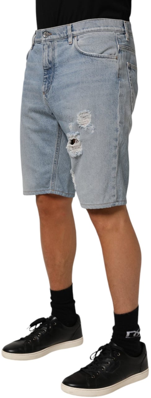 Dolce & Gabbana Blue Cotton Distressed Denim Bermuda  Shorts Blauw