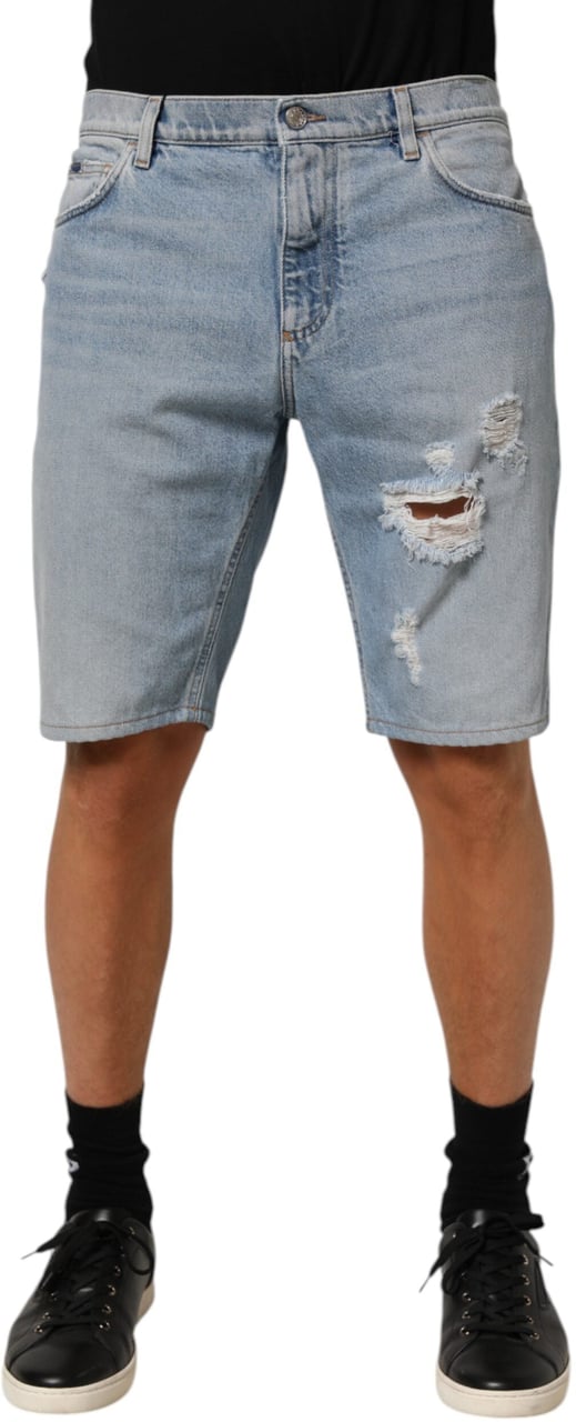 Dolce & Gabbana Blue Cotton Distressed Denim Bermuda  Shorts Blauw